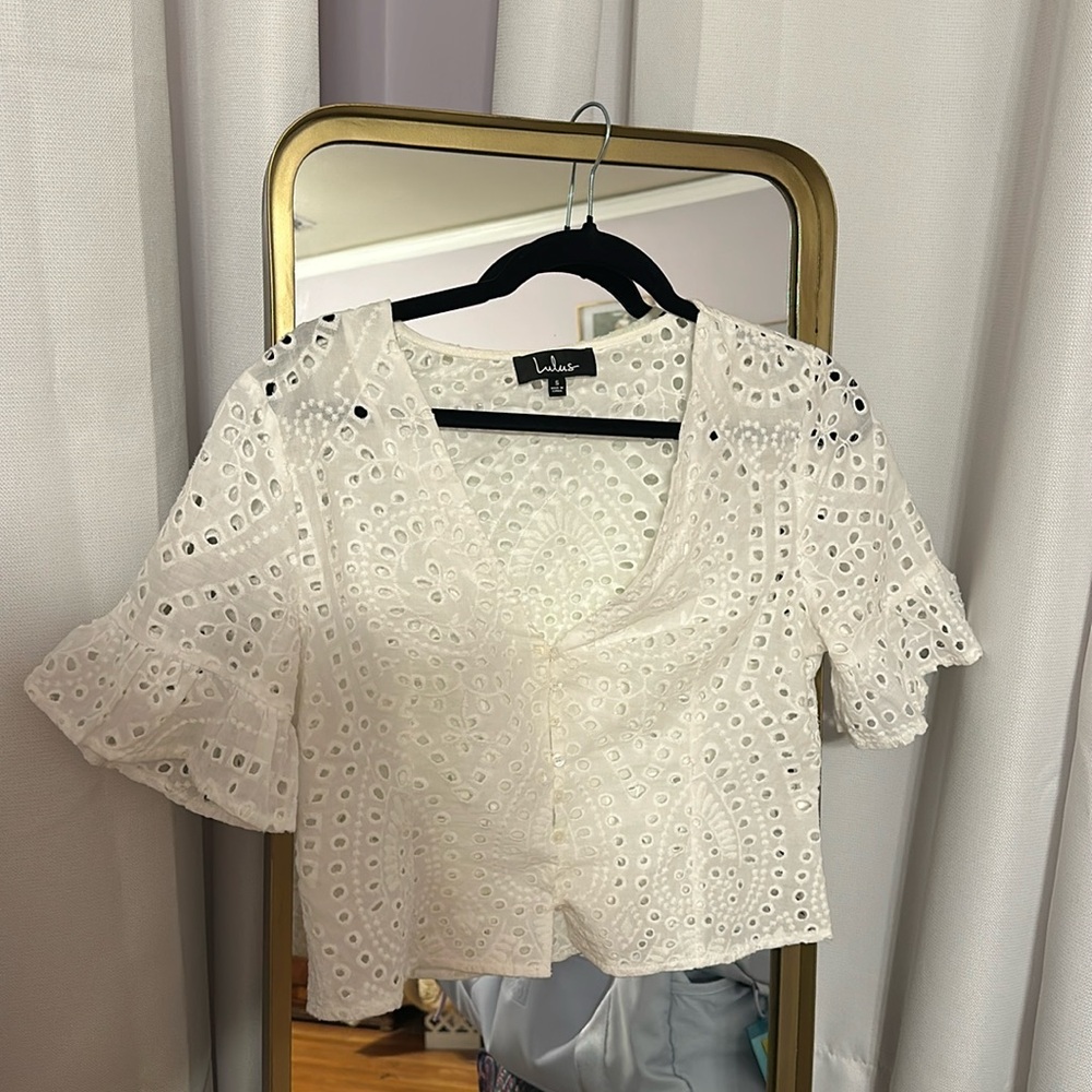 Lulus Lace Eyelet White Blouse, Size Small